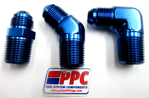 Blue Show Polished Anodized Aluminum  Straight 45 & 90 Adapter Fittings