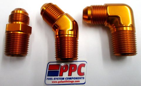Gold Show Polished Anodized Alum Straight 45 & 90 Adapter Fittings