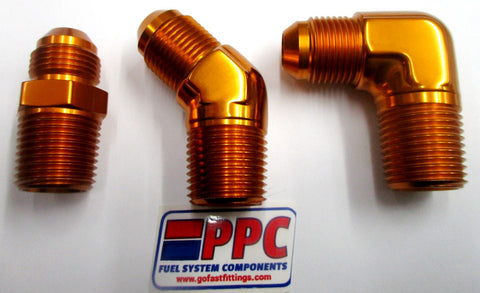 Niples adaptadores rectos 45 y 90 de alumbre anodizado pulido Gold Show